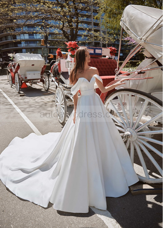 White Satin Royal Wedding Dress With Chapel Train